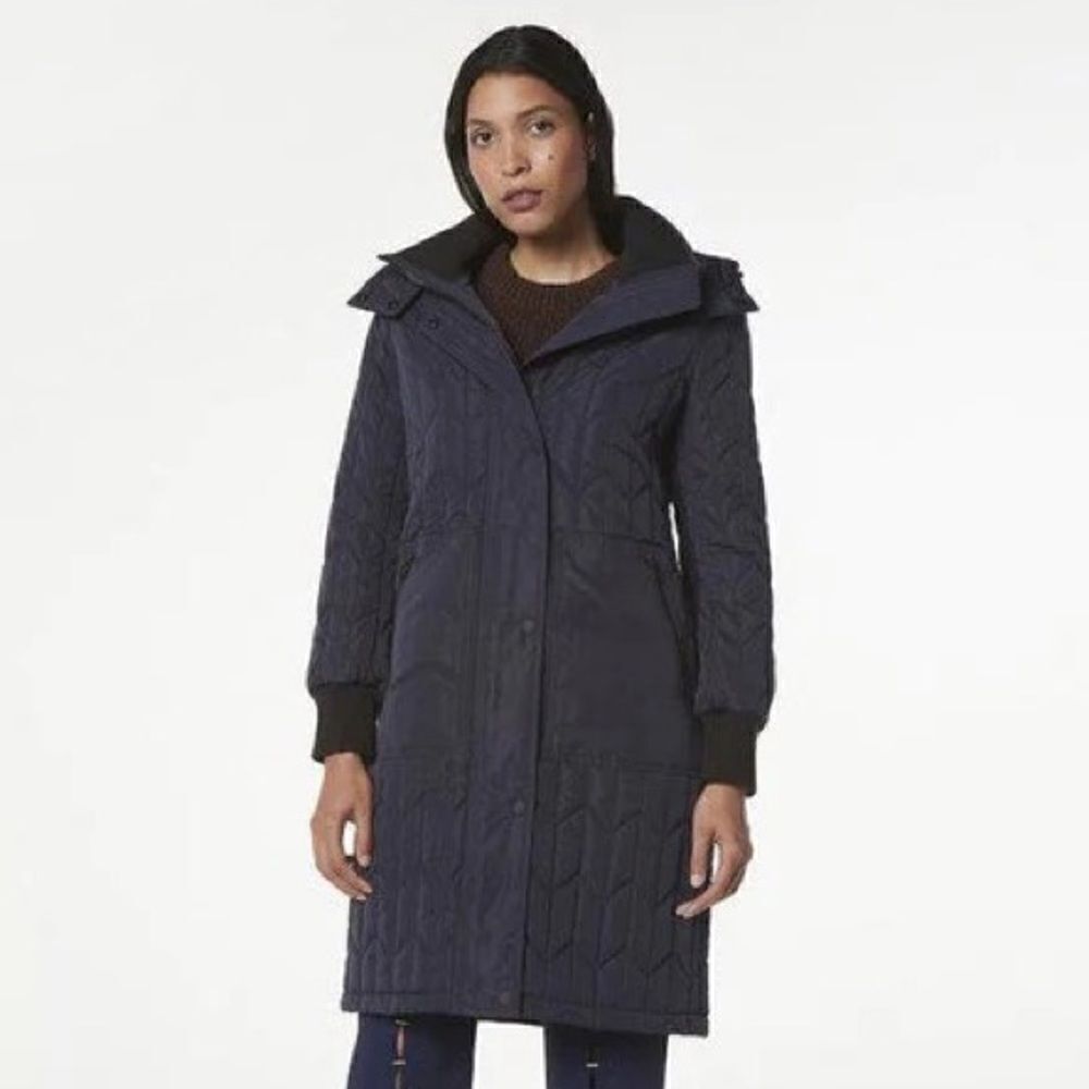 Andrew Marc Womens Herringbone Hooded Quilted Puffer Coat Navy Extra Small New